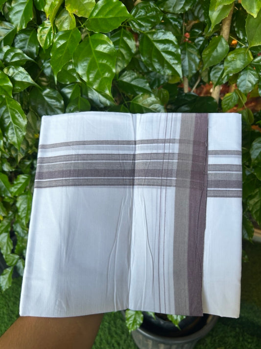 20% Discount ! NEW! KaithariKada Balaramapuram 100% Cotton Pure white Double Mundu/Dhoti - (100x80)s - 1.5 inch Ash green Violet Stripes Kara - 52 KK5249 VIN