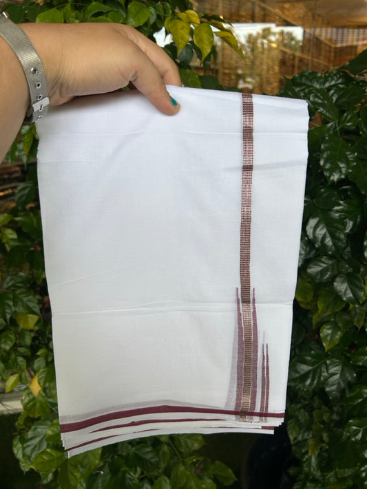 20% Discount ! NEW! KaithariKada Balaramapuram 100% Cotton Pure white Double Mundu/Dhoti - (100x80)s - 0.75 inch Maroon Chutty Silver Kasav - 52 KK5252 CKS
