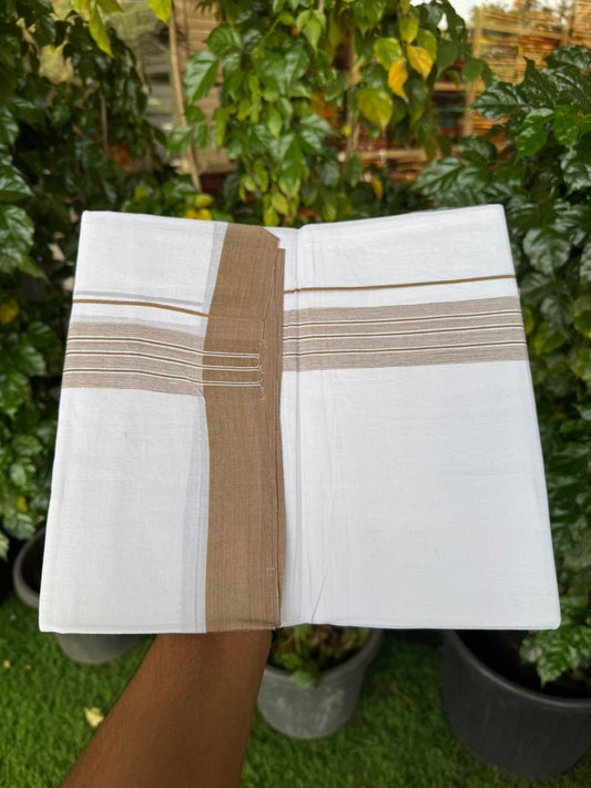 4.5 Meters (10 Muzham) - Pure white double 25% Discount ! KaithariKada Balaramapuram - 100% Pure Cotton 100x80 - Mundu/Dothi - 1.5 inch Brown Shaded Kara  - 52 KK5258 THI