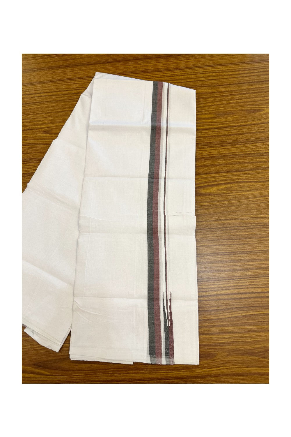 DMK Veshti - 20% Discount !! KaithariKada Balaramapuram Double PURE WHITE Mundu/Dhoti - 100X100 - 1.25 inch Puliyilakkara Maroon & Black shaded Chutty Kara 3.75 mtr (8 muzham)- 49KK5224 ASH