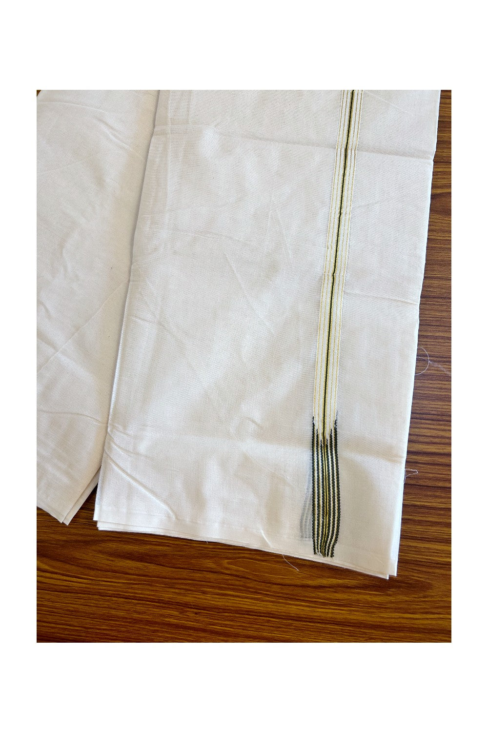 21% DISCOUNT!! KaithariKada Balaramapuram 100% Cotton OFF WHITE Double - (Unbleached) Mundu/Dhoti-100x100  2 cm Puliyilakkara chutty 6 line Kasavu & Dark sage green - 52KK500KK