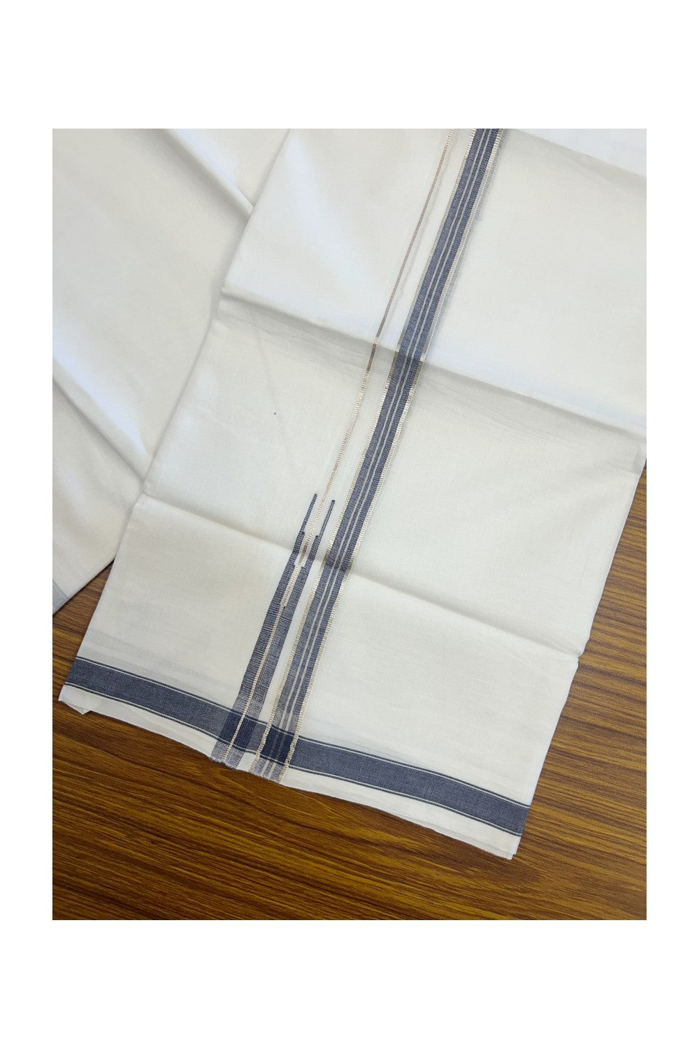 20% DISCOUNT!! Kaitharikada Balaramapuram 100% Pure Cotton PURE WHITE Double Mundu/Dothi - 100x80 - 0.75 Inch Navy Blue & Silver shaded Stripes Puliyilakkara Chutty - 52KK5217 CKS