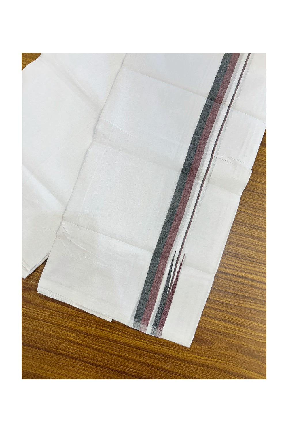 DMK Veshti - 20% Discount !! KaithariKada Balaramapuram Double PURE WHITE Mundu/Dhoti - 100X100 - 1.25 inch Puliyilakkara Maroon & Black shaded Chutty Kara 3.75 mtr (8 muzham)- 49KK5224 ASH