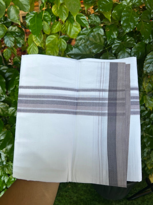20% Discount ! NEW! KaithariKada Balaramapuram 100% Cotton Pure white Double Mundu/Dhoti - (100x80)s - 1.5 inch  Violet Ash Mix Stripes Kara - 53 KK5249 VIN