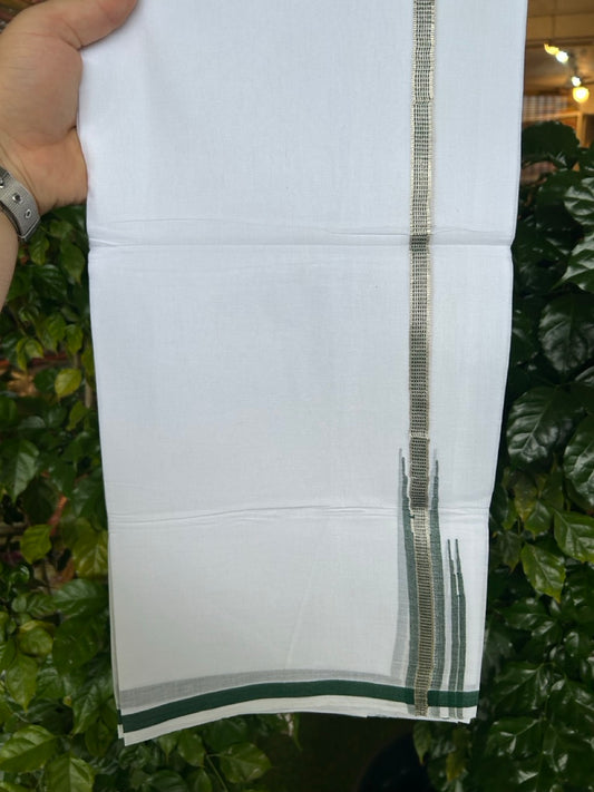 20% Discount ! NEW! KaithariKada Balaramapuram 100% Cotton Pure white Double Mundu/Dhoti - (100x80)s - 0.75 inch Dark Green Chutty Silver Kasav - 53 KK5252 CKS