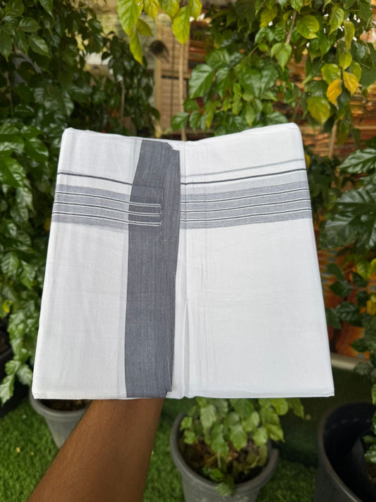 4.5 Meters (10 Muzham) - Pure white double 25% Discount ! KaithariKada Balaramapuram - 100% Pure Cotton 100x80 - Mundu/Dothi - 1.5 inch Navy Blue Ash Mix Shaded Kara  - 53 KK5258 THI