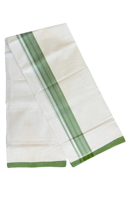 30% Discount!! KaithariKada HANDLOOM millpaav Balaramapuram - 100% PURE Cotton OFF White Double - (Unbleached) Mundu/Dothi - 2.75  inch Light Green Striped Mulloth Kara 4.5 Meters (10 Muzham) - 53KK5029RAV