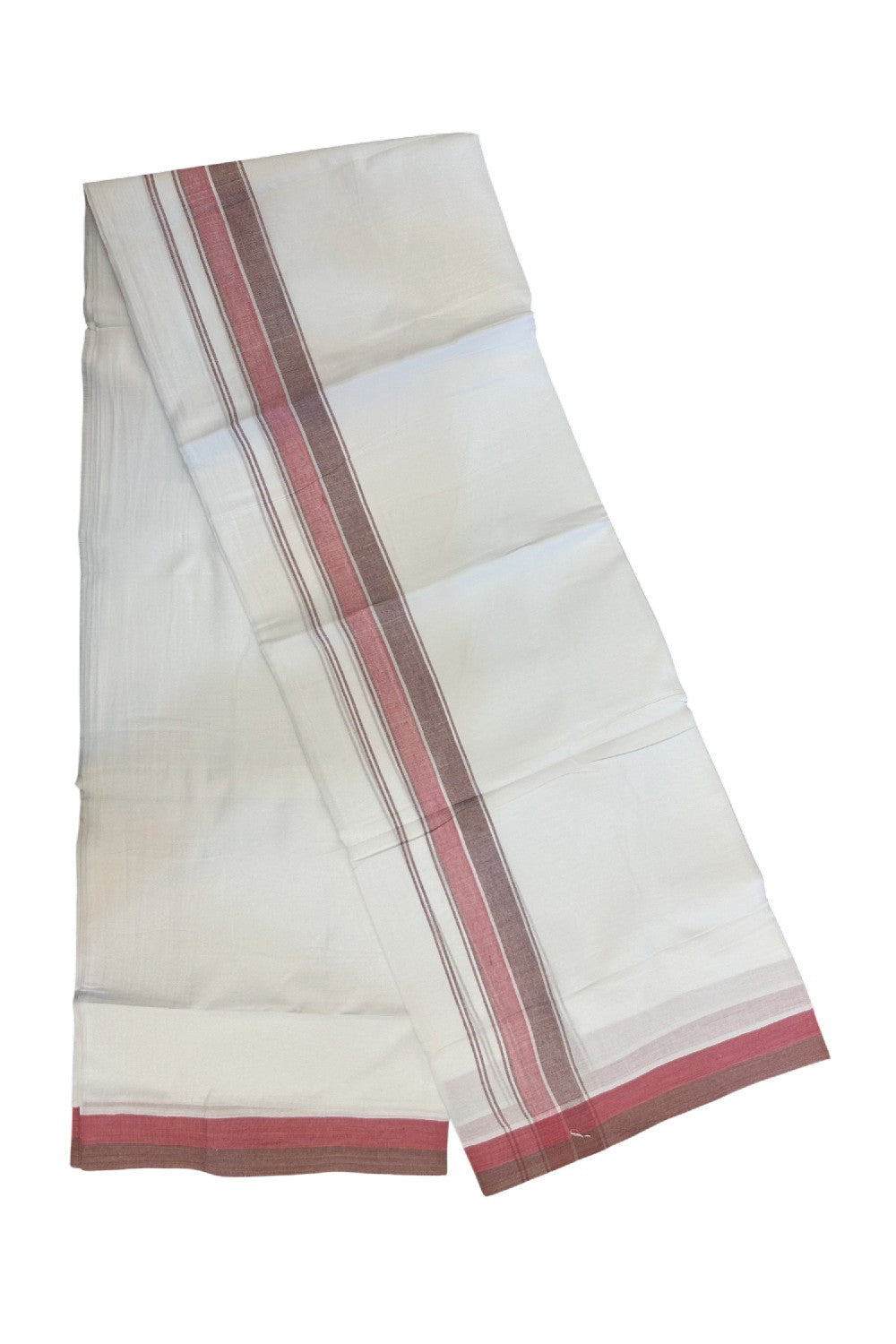 20% DISCOUNT!! Kaitharikada Balaramapuram 100% Cotton PURE WHITE Double Mundu/Dothi- 100x80 - 1.5 Inch Brown Stone & Majenta Shaded Striped Kara - 54KK5174THI