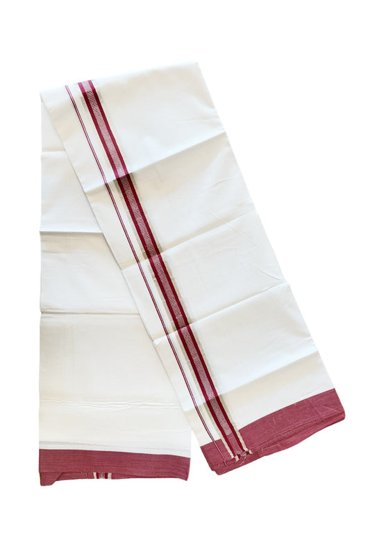 24% DISCOUNT!! Kaitharikada Balaramapuram 100% Cotton PURE WHITE Double Mundu./Dothi-100x80   1.75 Inch MAROON + SILVER Striped Cotton Kara - 53KK45VAS.