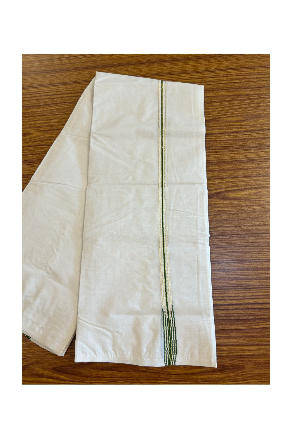 21% DISCOUNT!! KaithariKada Balaramapuram 100% Cotton  OFF WHITE Double - (Unbleached) Mundu/Dhoti-100x100  2 cm Puliyilakkara chutty 6 line Kasavu & Fern green - 53KK500KK
