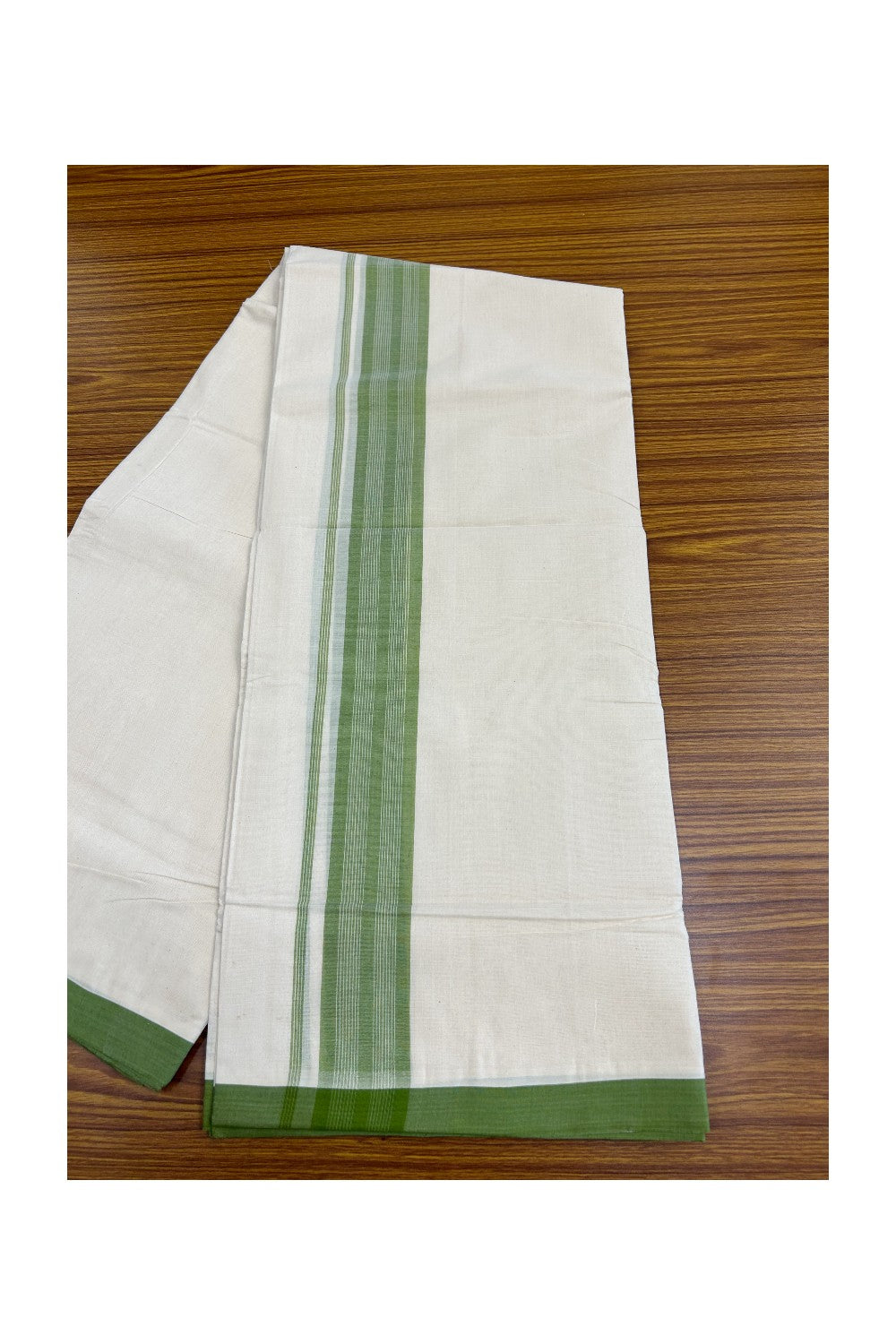 30% Discount!! KaithariKada HANDLOOM millpaav Balaramapuram - 100% PURE Cotton OFF White Double - (Unbleached) Mundu/Dothi - 2.75  inch Light Green Striped Mulloth Kara 4.5 Meters (10 Muzham) - 53KK5029RAV