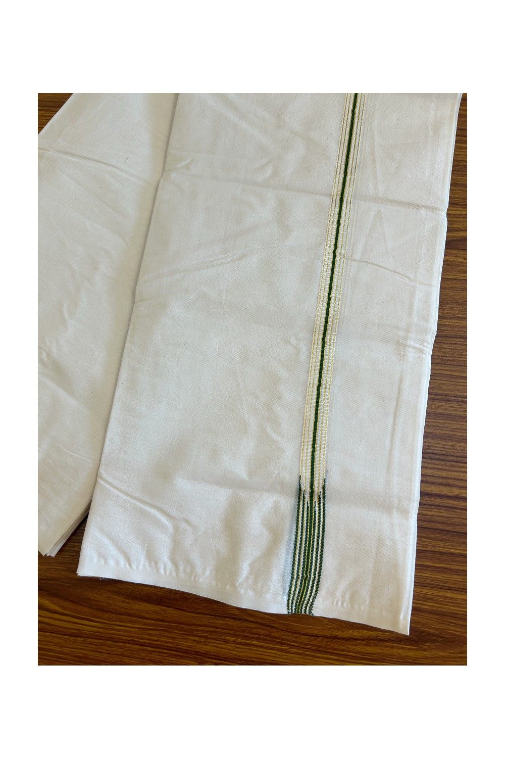 21% DISCOUNT!! KaithariKada Balaramapuram 100% Cotton  OFF WHITE Double - (Unbleached) Mundu/Dhoti-100x100  2 cm Puliyilakkara chutty 6 line Kasavu & Fern green - 53KK500KK
