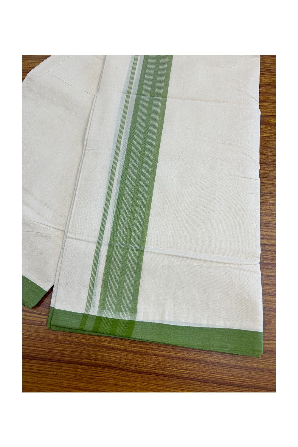 30% Discount!! KaithariKada HANDLOOM millpaav Balaramapuram - 100% PURE Cotton OFF White Double - (Unbleached) Mundu/Dothi - 2.75  inch Light Green Striped Mulloth Kara 4.5 Meters (10 Muzham) - 53KK5029RAV