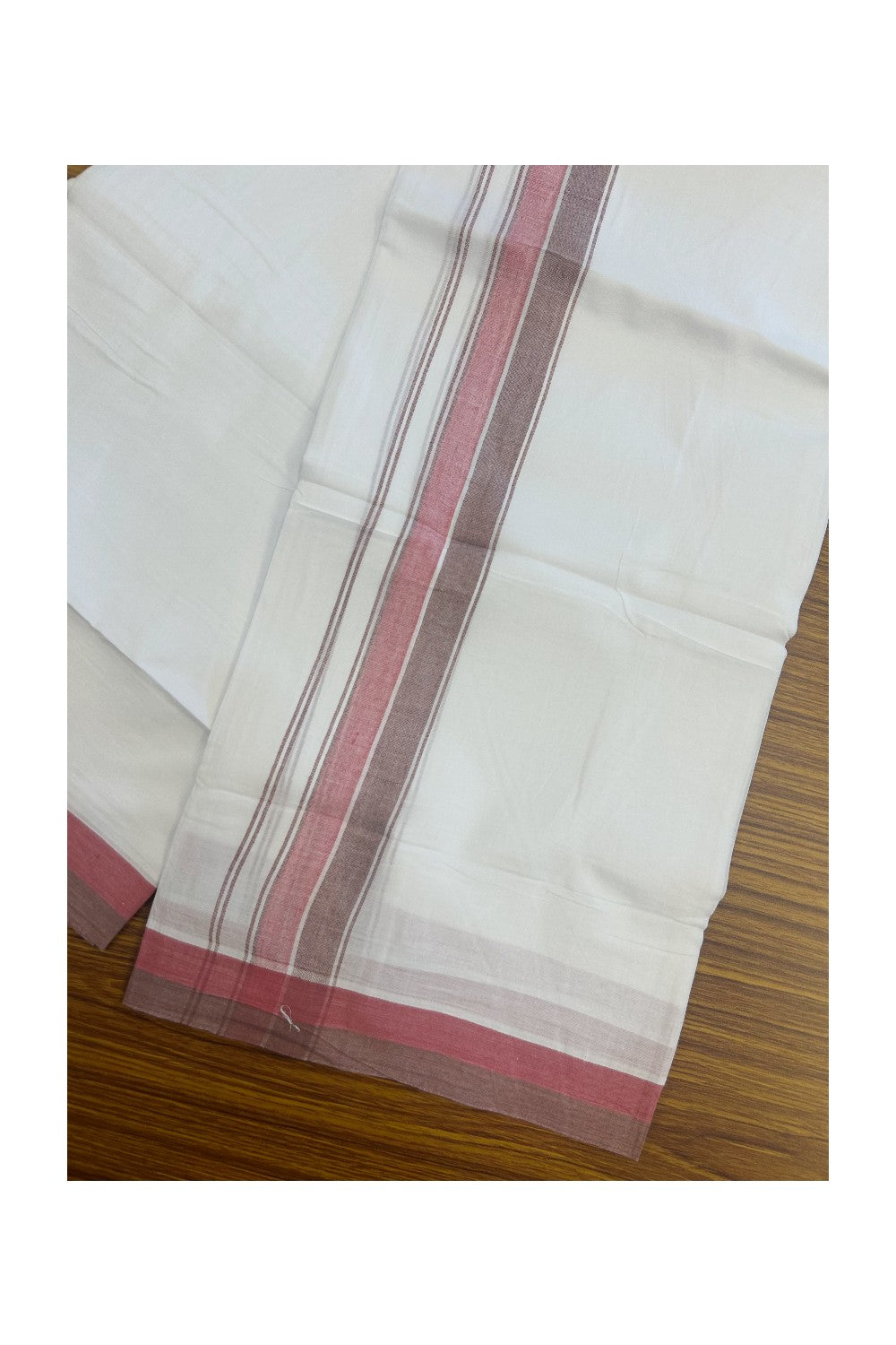 20% DISCOUNT!! Kaitharikada Balaramapuram 100% Cotton PURE WHITE Double Mundu/Dothi- 100x80 - 1.5 Inch Brown Stone & Majenta Shaded Striped Kara - 54KK5174THI