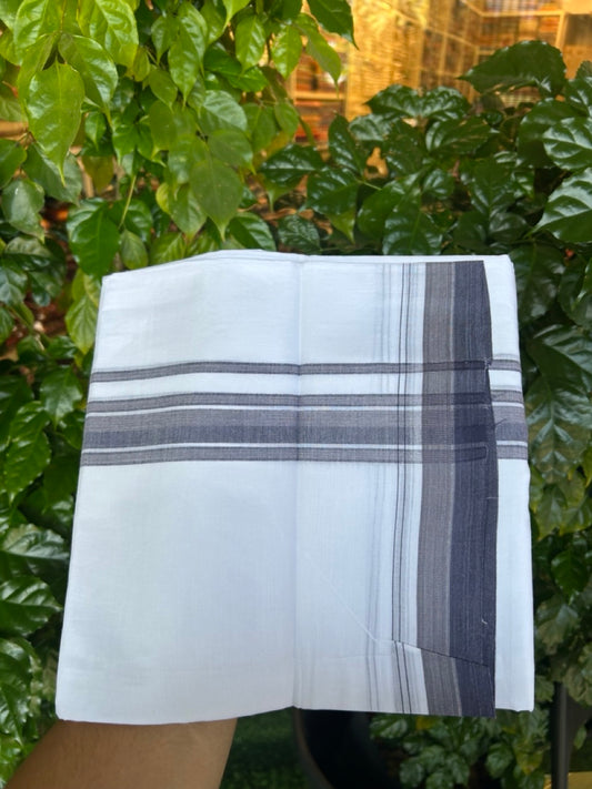 20% Discount ! NEW! KaithariKada Balaramapuram 100% Cotton Pure white Double Mundu/Dhoti - (100x80)s - 1.5 inch Navy Ash Mix Stripes Kara - 54 KK5249 VIN