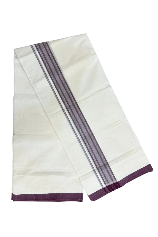 30% Discount!! KaithariKada HANDLOOM millpaav Balaramapuram - 100% PURE Cotton OFF White - (Unbleached) Double Mundu/Dothi - 2.75  inch Purple Striped Mulloth Kara 4.5 Meters (10 Muzham) - 54KK5029RAV