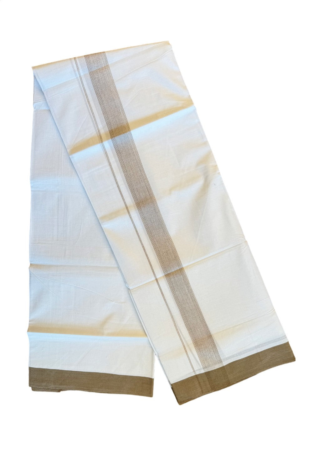 19% DISCOUNT!!! KaithariKada Balaramapuram 100% Cotton Double PURE white Mundu/Dhoti-100x100   2. Inch Brown + white shades & striped kara  - 54KK83VIN