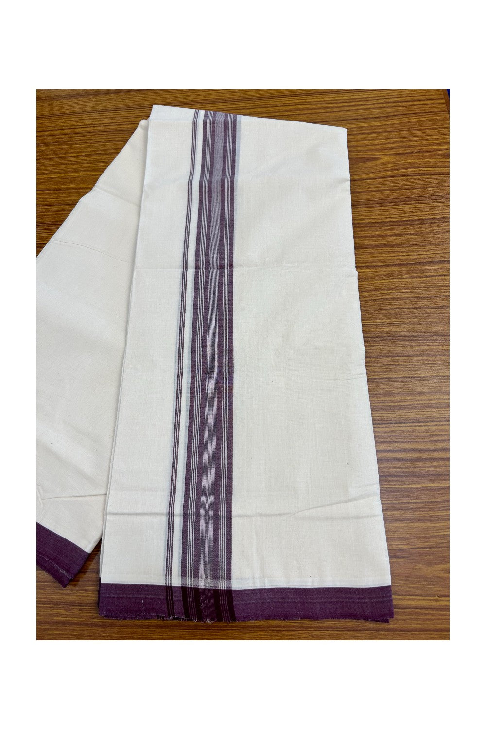 25% Discount!! KaithariKada HANDLOOM millpaav Balaramapuram - 100% PURE Cotton OFF White - (Unbleached) Double Mundu/Dothi - 2.75  inch Purple Striped Mulloth Kara 4.5 Meters (10 Muzham) - 54KK5029RAV