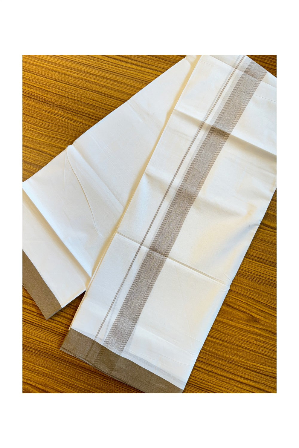 19% DISCOUNT!!! KaithariKada Balaramapuram 100% Cotton Double PURE white Mundu/Dhoti-100x100   2. Inch Brown + white shades & striped kara  - 54KK83VIN