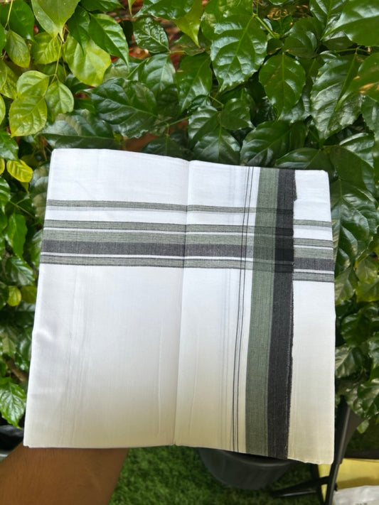 20% Discount ! NEW! KaithariKada Balaramapuram 100% Cotton Pure white Double Mundu/Dhoti - (100x80)s - 1.5 inch  Green Black Stripes Kara - 55 KK5249 VIN
