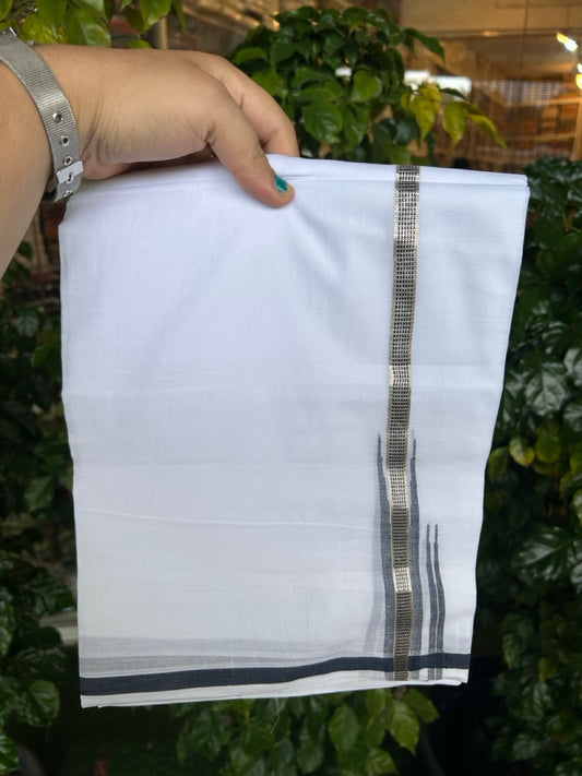 20% Discount ! NEW! KaithariKada Balaramapuram 100% Cotton Pure white Double Mundu/Dhoti - (100x80)s - 0.75 inch Dark Navy Blue Chutty Silver Kasav - 55 KK5252 CKS