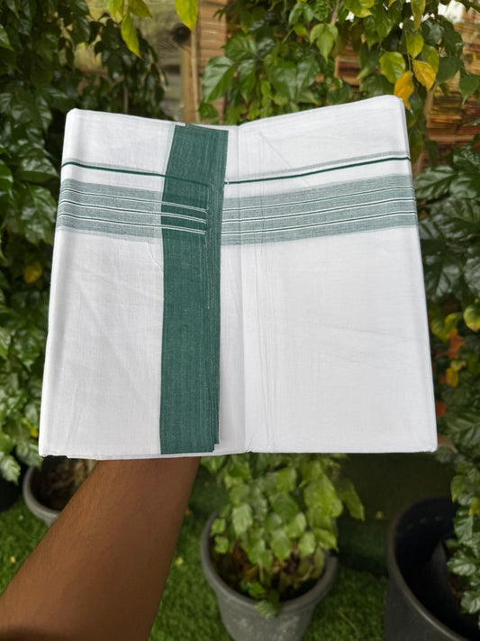4.5 Meters (10 Muzham) - Pure white double 25% Discount ! KaithariKada Balaramapuram - 100% Pure Cotton 100x80 - Mundu/Dothi - 1.5 inch Dark Green Shaded Kara  - 55 KK5258 THI