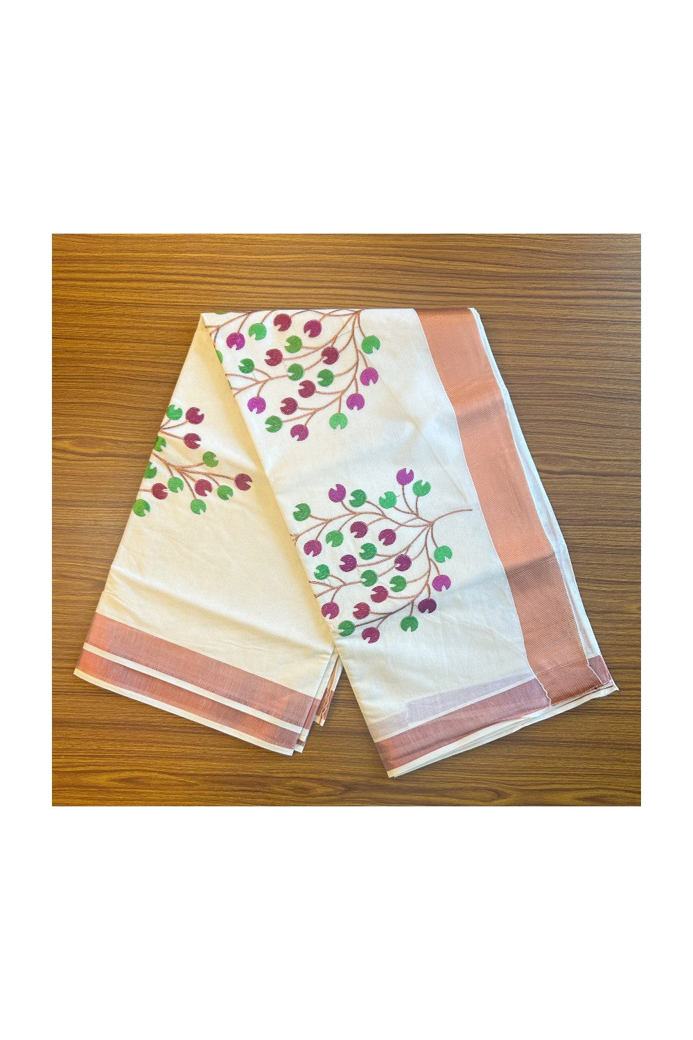 25% Discount! Kaitharikada Kerala Saree - Cotton Off white -Copper Zari with Flower Embroidery- 55KK300VIN