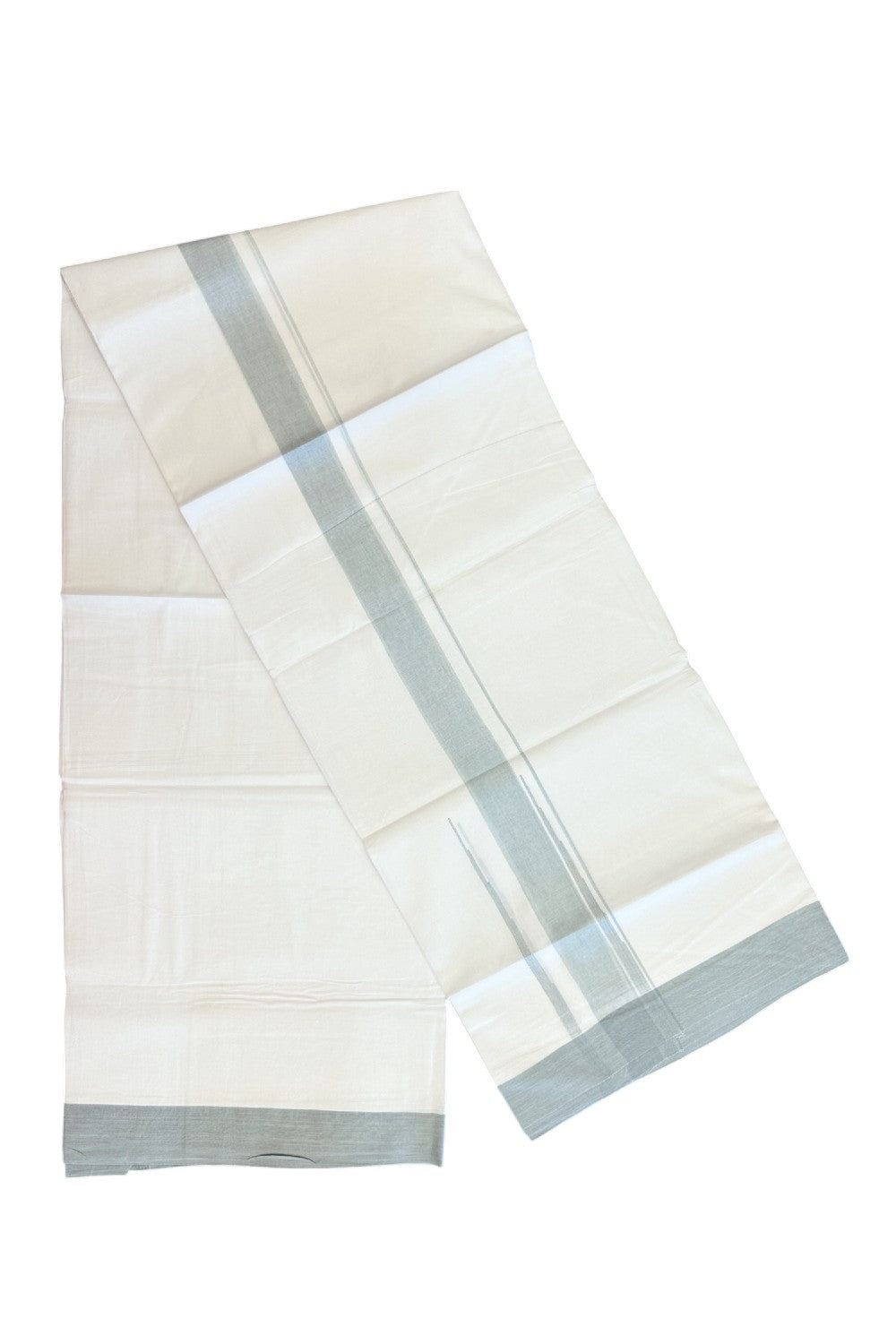 20% Discount ! Kaitharikada Balaramapuram 100% Cotton PURE WHITE Double Mundu/Dothi - 100x80 - 1.75 inch Ash Grey Shaded Chutty Kara - 55KK5182VAS