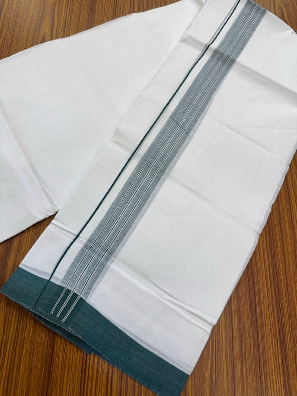 4.5 Meters (10 Muzham) - Pure white double 25% Discount ! KaithariKada Balaramapuram - 100% Pure Cotton 100x80 - Mundu/Dothi - 1.5 inch Dark Green Shaded Kara  - 55 KK5258 THI