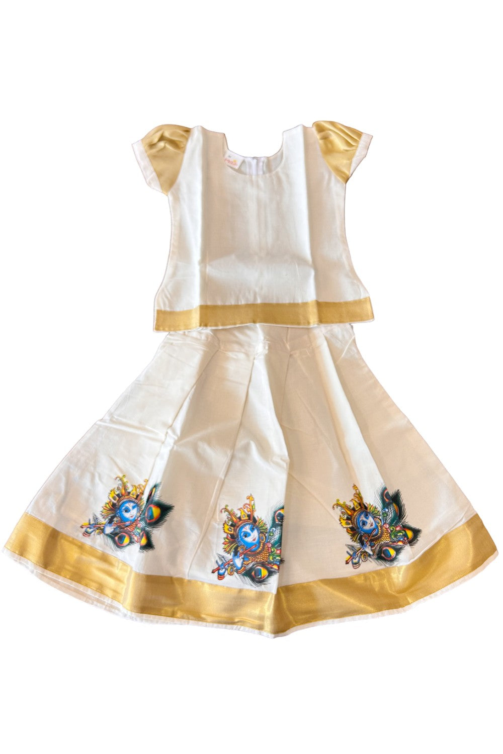 Midukki-Traditional South Indian Kids Pattu Pavada- Offwhite top offwhite skirt with kasavu krishna print - Age 3 - KK3MID0055