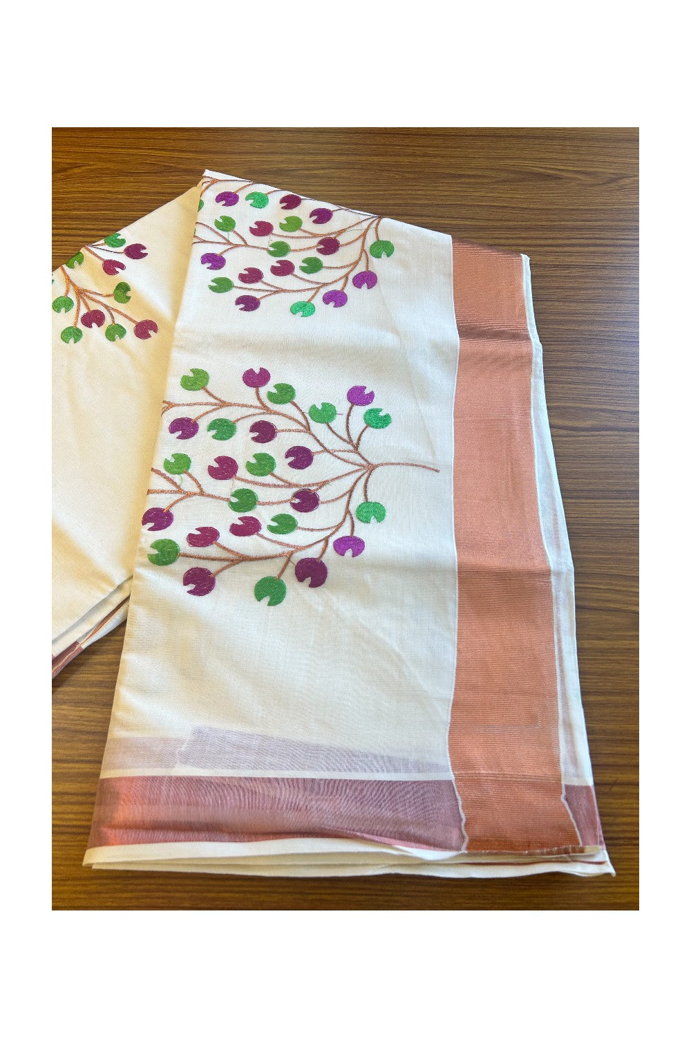 25% Discount! Kaitharikada Kerala Saree - Cotton Off white -Copper Zari with Flower Embroidery- 55KK300VIN