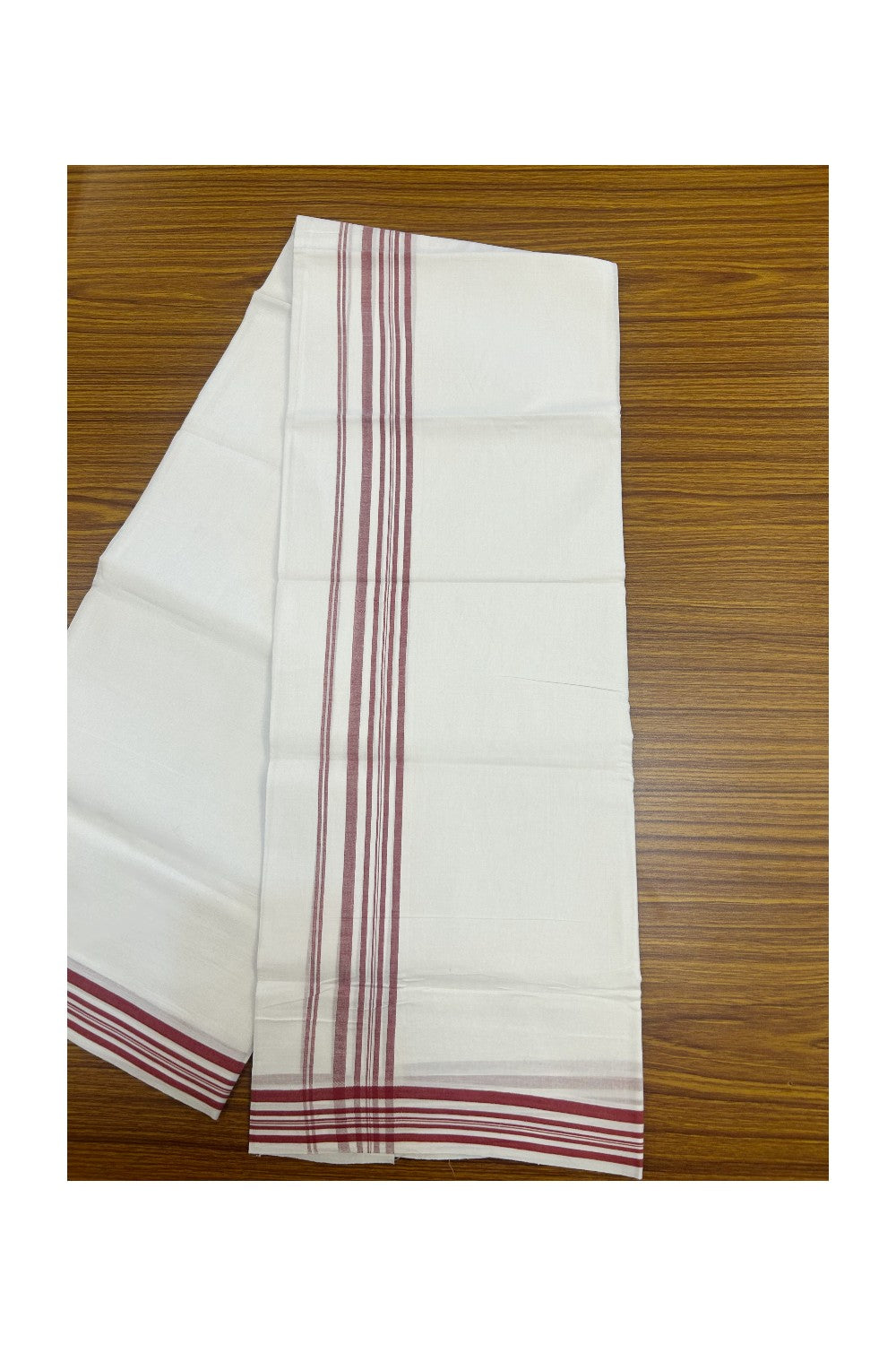 20% DISCOUNT!! Kaitharikada Balaramapuram 100% Cotton PURE WHITE Double Mundu/Dothi- 100x80 - 1.5 Inch Light Maroon Shaded Striped Kara - 56KK5174THI