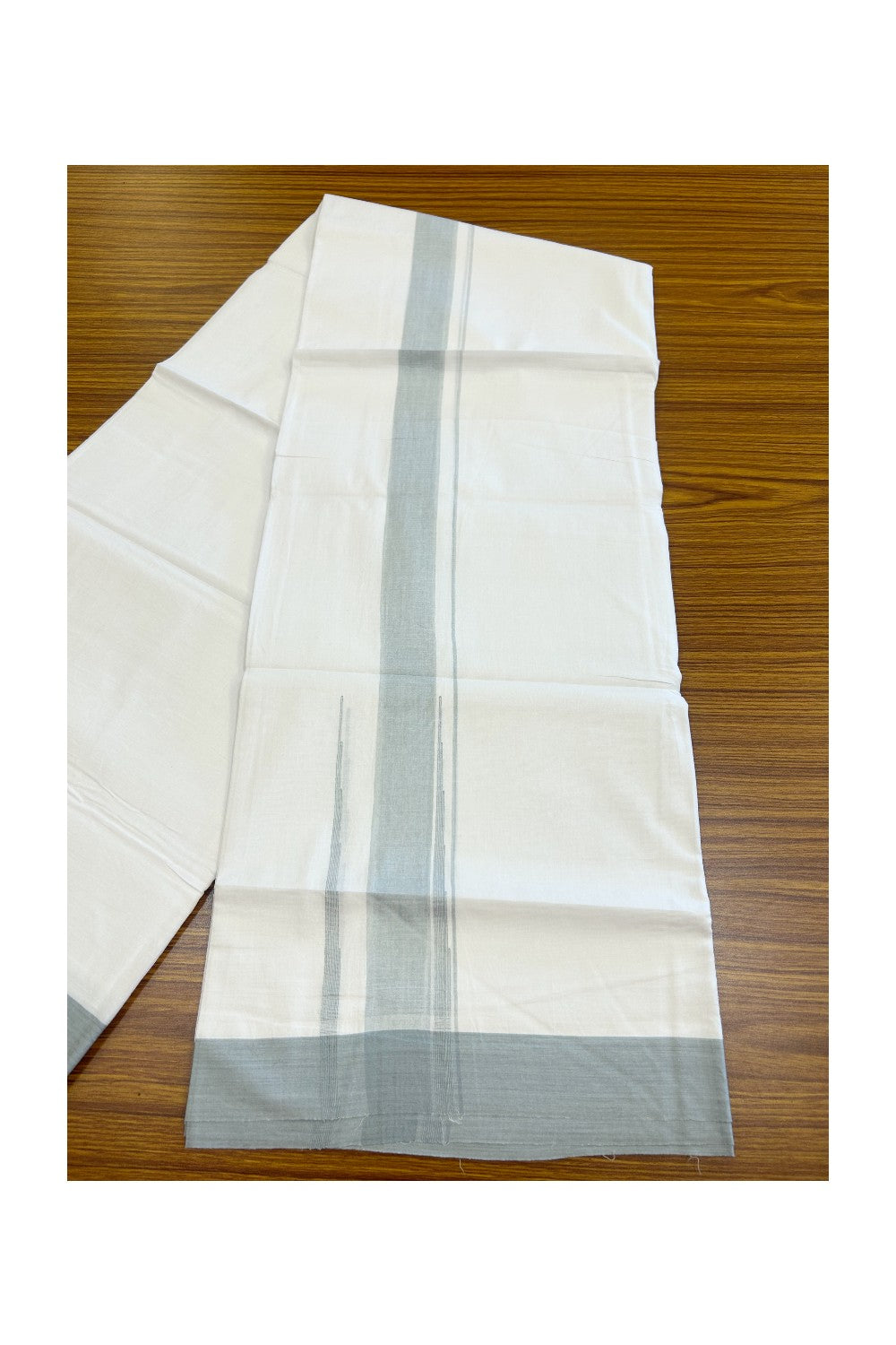 20% Discount ! Kaitharikada Balaramapuram 100% Cotton PURE WHITE Double Mundu/Dothi - 100x80 - 1.75 inch Ash Grey Shaded Chutty Kara - 55KK5182VAS