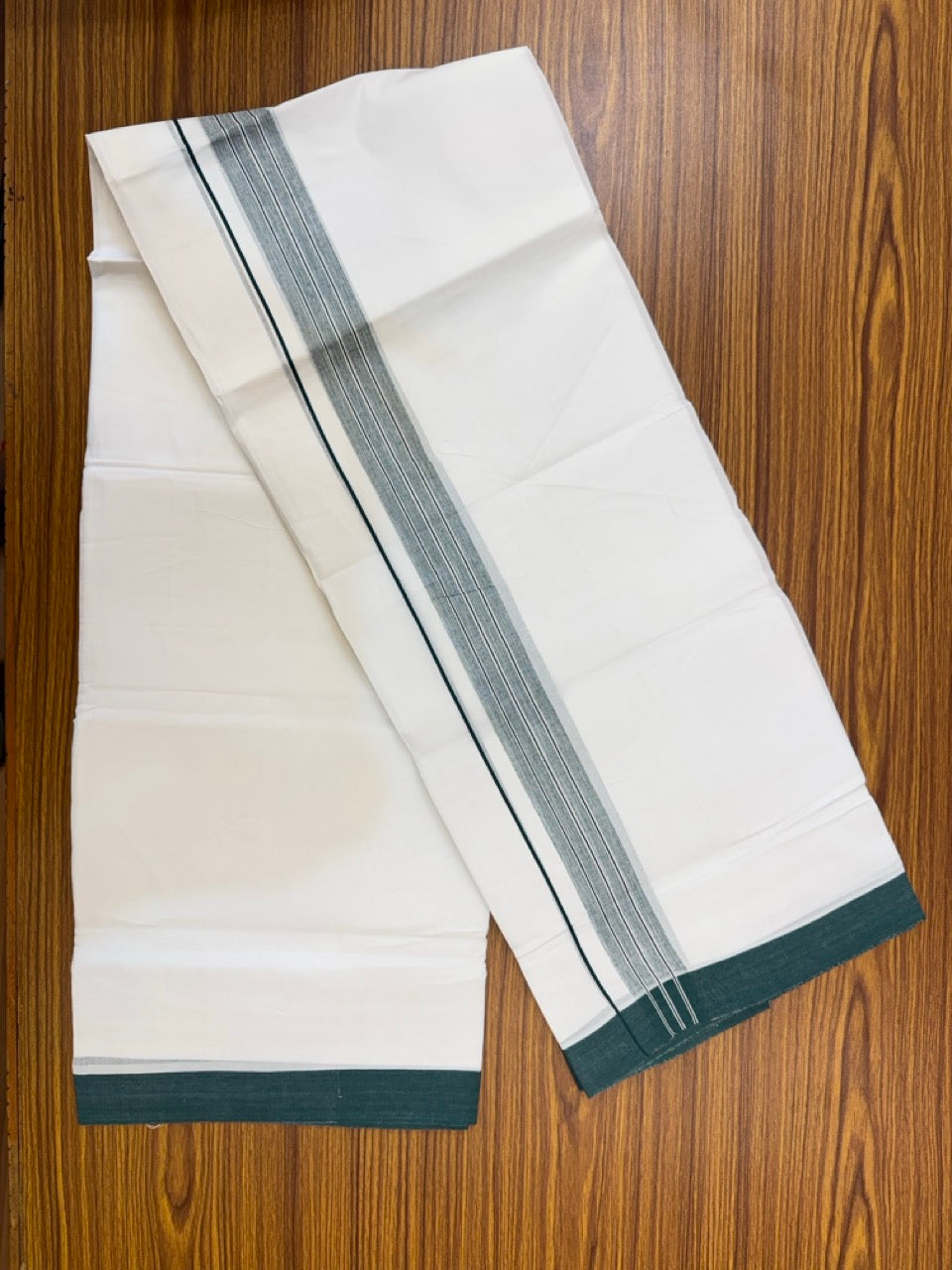 4.5 Meters (10 Muzham) - Pure white double 25% Discount ! KaithariKada Balaramapuram - 100% Pure Cotton 100x80 - Mundu/Dothi - 1.5 inch Dark Green Shaded Kara  - 55 KK5258 THI