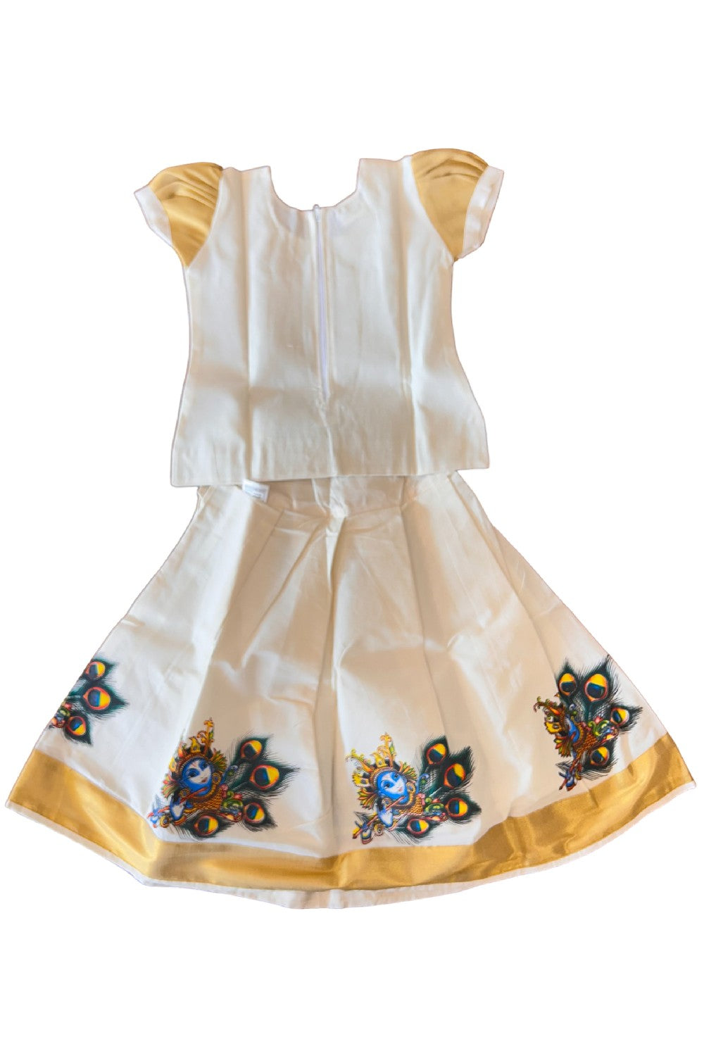 Midukki-Traditional South Indian Kids Pattu Pavada- Offwhite top offwhite skirt with kasavu krishna print - Age 3 - KK3MID0055