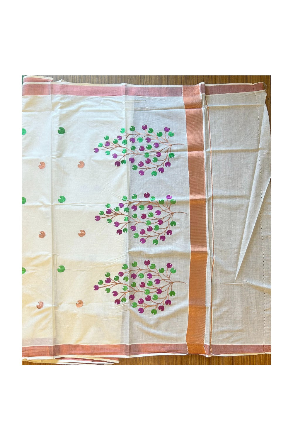 25% Discount! Kaitharikada Kerala Saree - Cotton Off white -Copper Zari with Flower Embroidery- 55KK300VIN