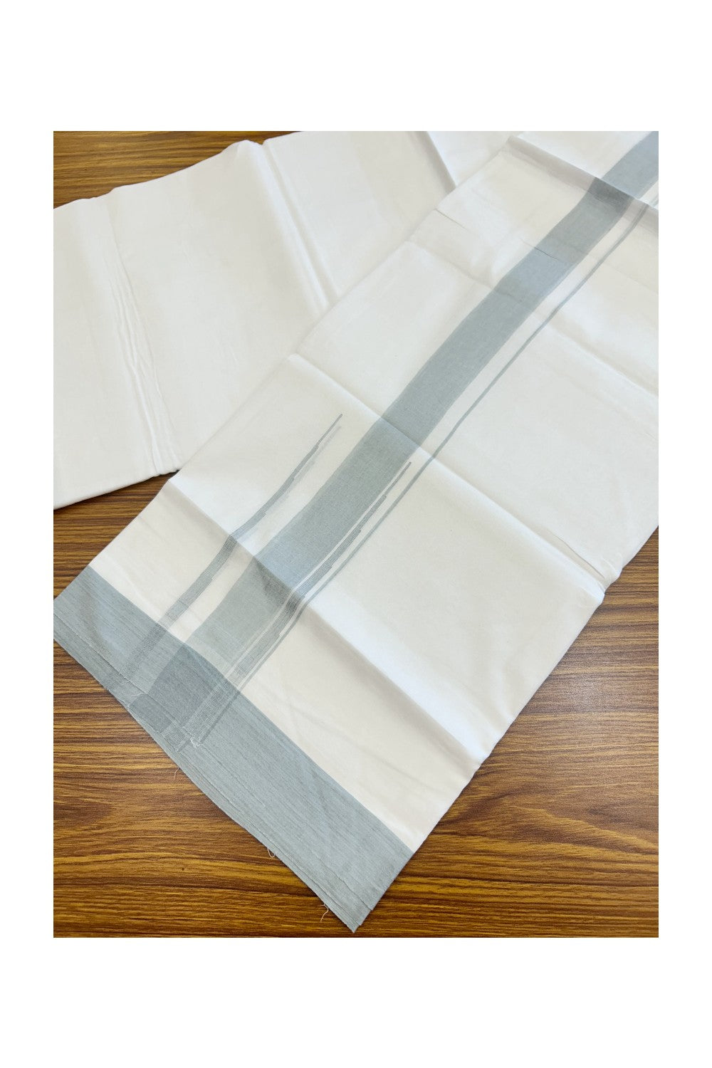 20% Discount ! Kaitharikada Balaramapuram 100% Cotton PURE WHITE Double Mundu/Dothi - 100x80 - 1.75 inch Ash Grey Shaded Chutty Kara - 55KK5182VAS