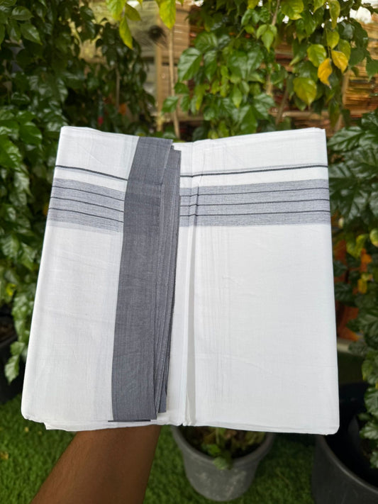 4.5 Meters (10 Muzham) - Pure white double 25% Discount ! KaithariKada Balaramapuram - 100% Pure Cotton 100x80 - Mundu/Dothi - 1.5 inch Navy Blue Ash Mix Shaded Kara  - 56 KK5258 THI