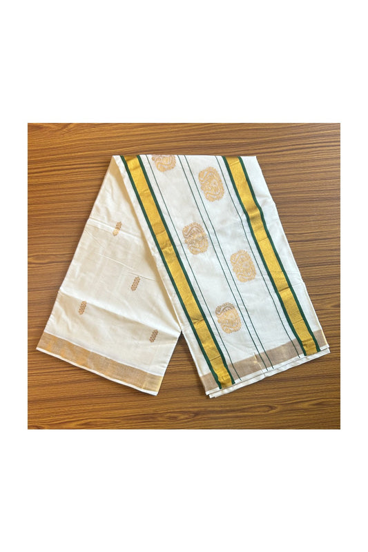 25% Discount! Kaitharikada Kerala Saree - Cotton Off white - 12 inch Kasavu Zari with Green Paisley Embroidery- 56KK300VIN