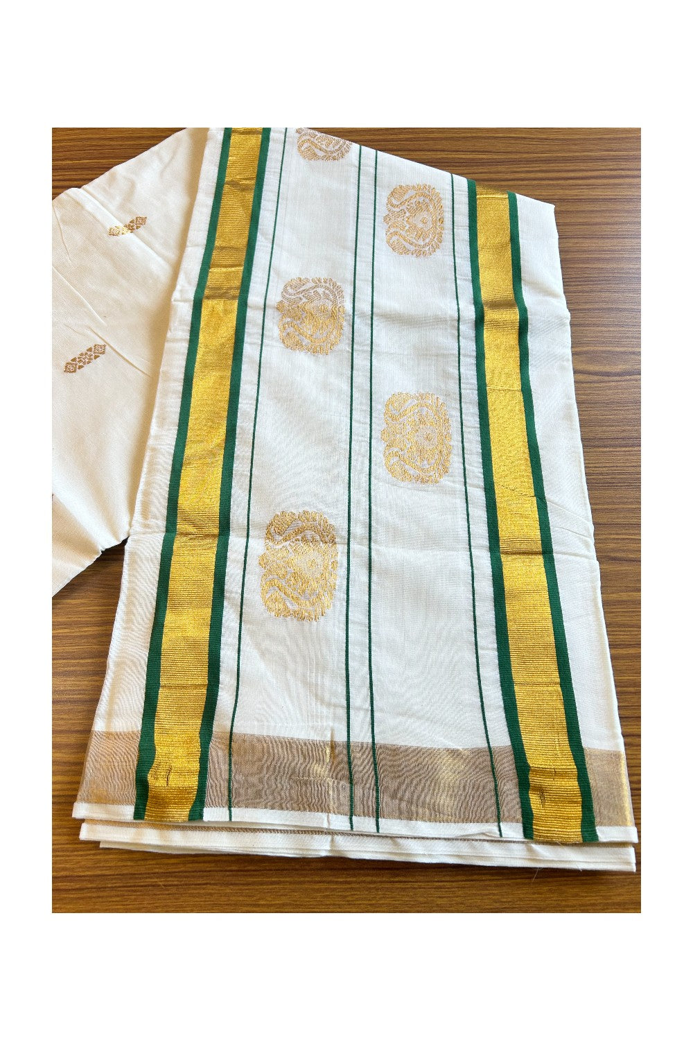 25% Discount! Kaitharikada Kerala Saree - Cotton Off white - 12 inch Kasavu Zari with Green Paisley Embroidery- 56KK300VIN