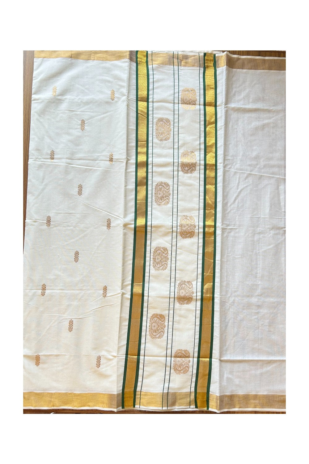 25% Discount! Kaitharikada Kerala Saree - Cotton Off white - 12 inch Kasavu Zari with Green Paisley Embroidery- 56KK300VIN