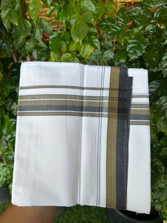20% Discount ! NEW! KaithariKada Balaramapuram 100% Cotton Pure white Double Mundu/Dhoti - (100x80)s - 1.5 inch Sage Green Black Stripes Kara - 57 KK5249 VIN