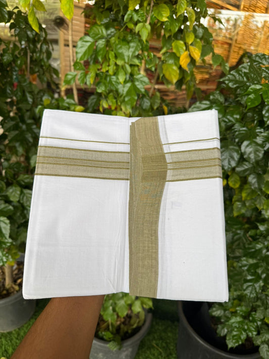 4.5 Meters (10 Muzham) - Pure white double 25% Discount ! KaithariKada Balaramapuram - 100% Pure Cotton 100x80 - Mundu/Dothi - 1.5 inch Sage green Shaded Kara  - 57 KK5258 THI