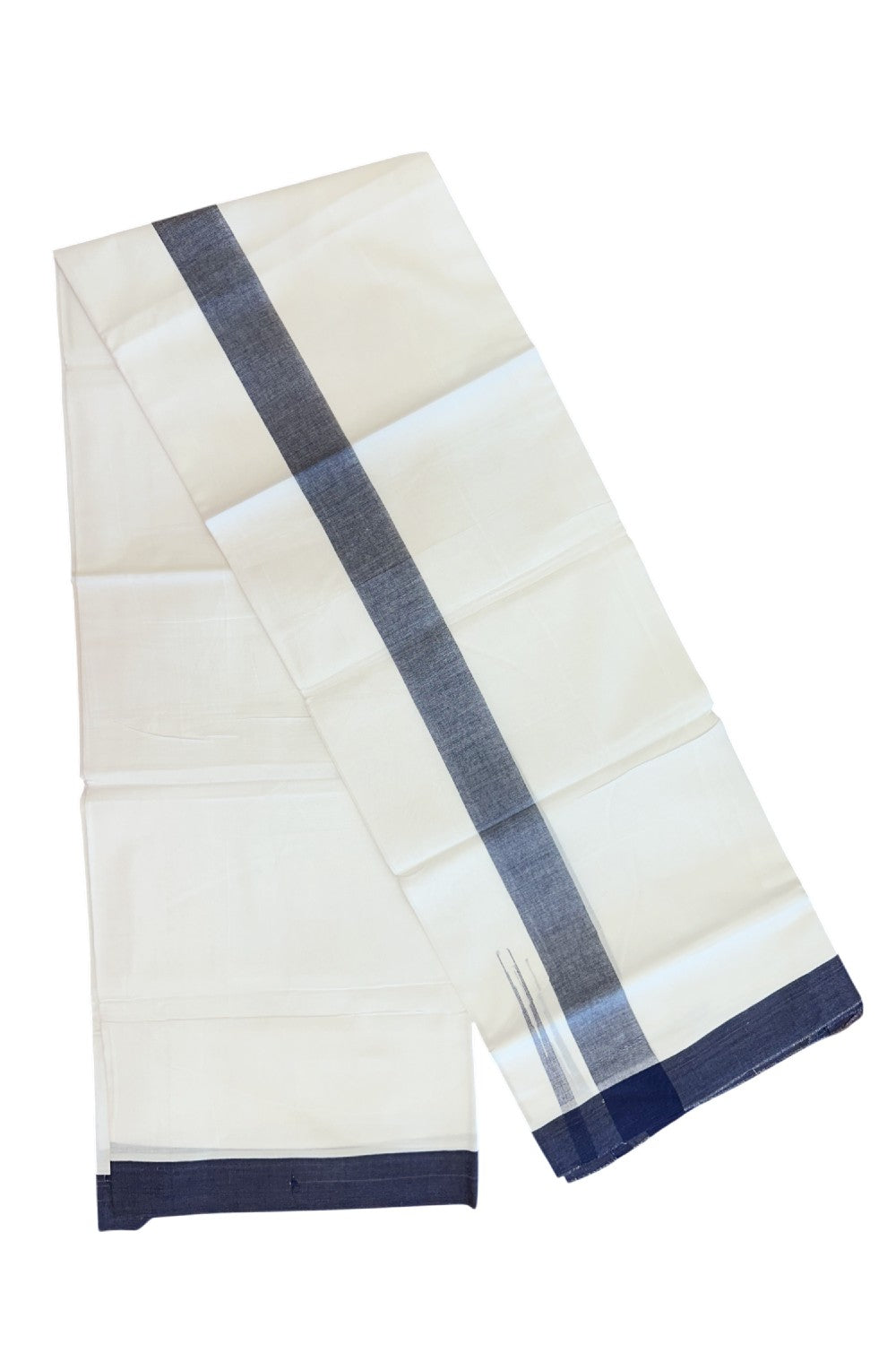 20% Discount ! Kaitharikada Balaramapuram 100% Cotton PURE WHITE Double Mundu/Dothi - 100x80 - 1.5 inch Navy Blue Shaded Chutty Kara - 57KK5182VAS