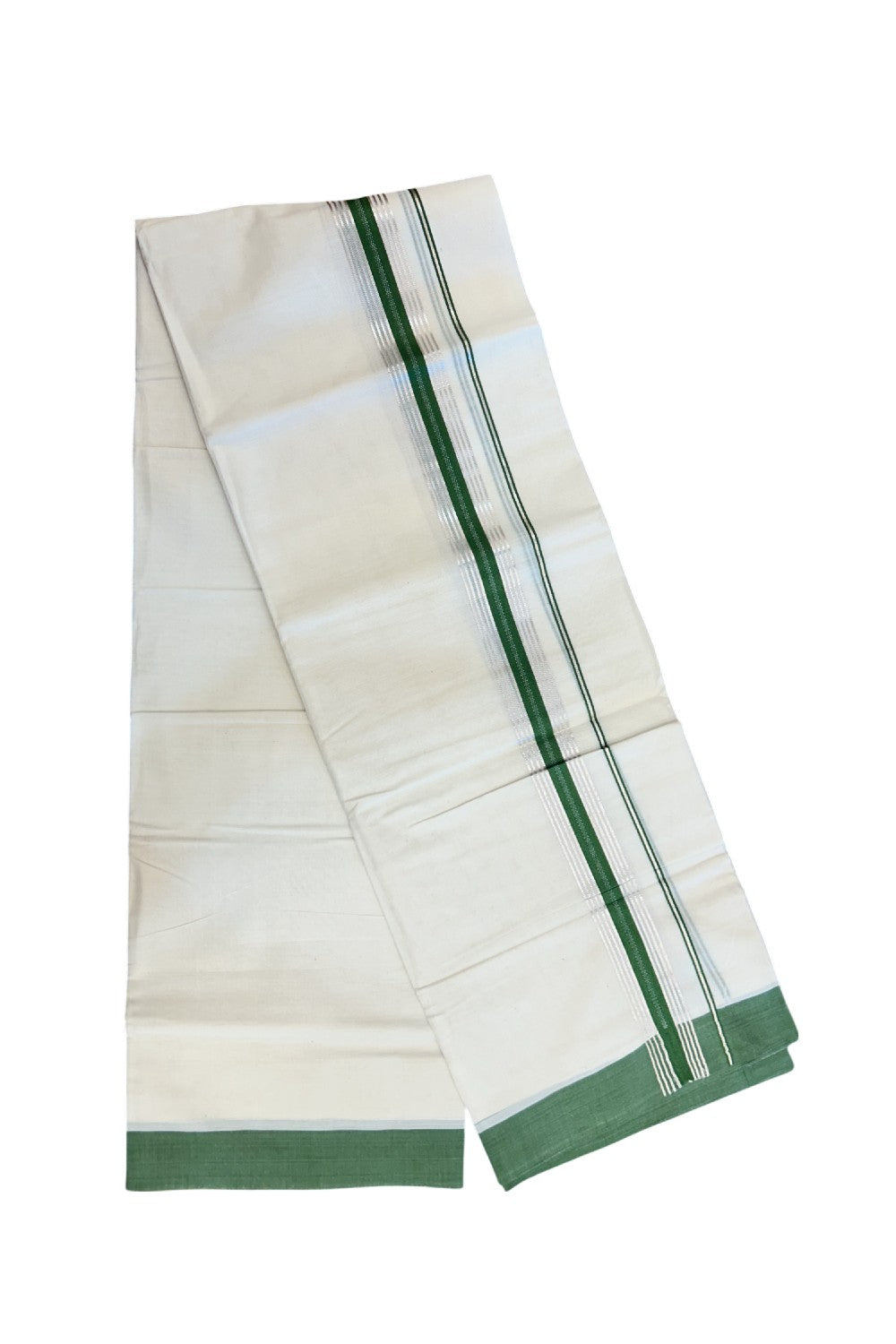 20% Discount ! KaithariKada Balaramapuram 100% Cotton Double OFF WHITE - (Unbleached) - Mundu / Dhoti- 100x80 -  1.5 inch Silver stripes Forest Green kara - 57KK5213 VIN