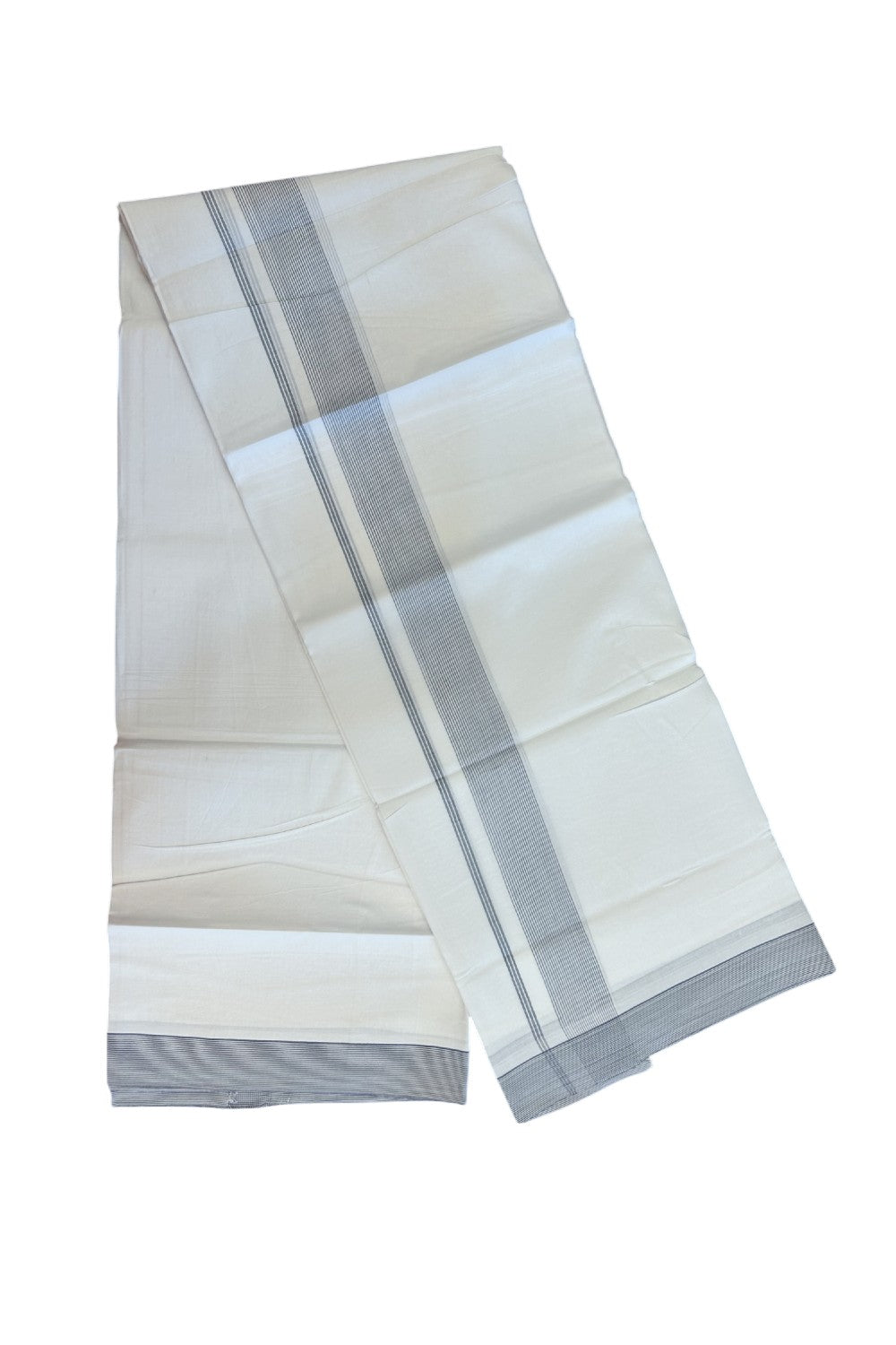 20% Discount ! Kaitharikada Balaramapuram 100% Cotton PURE WHITE Double Mundu/Dothi - 100x80 - 1.5 inch Ash Grey Stripes Kara 3.90 mtr (8 muzham) - 53KK5220 THI