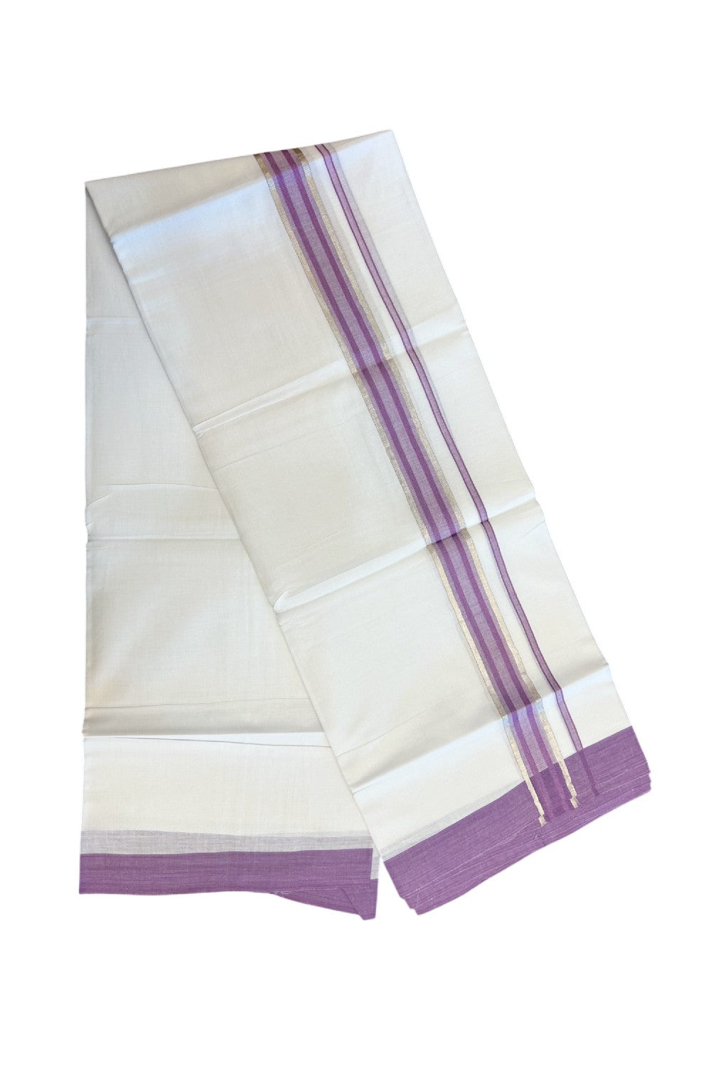 20% DISCOUNT! KaithariKada Balaramapuram 100% Cotton Double Pure white Mundu/Dhoti- 60s - 1.5 inch Silver Kasavu & Light Violet Striped Kara - 3.80mtr ( 8 muzham) - 57KK5227 PMC