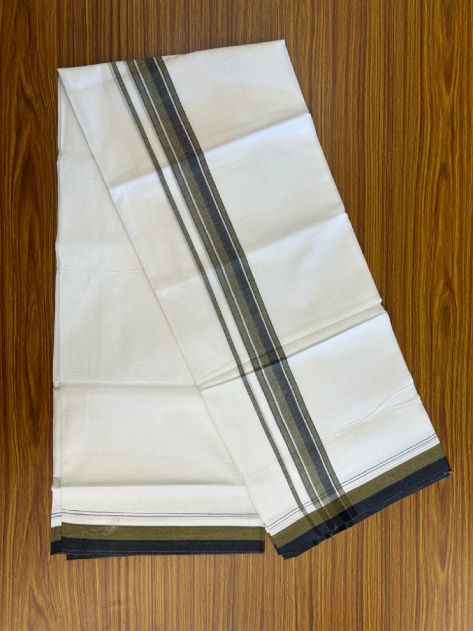 20% Discount ! NEW! KaithariKada Balaramapuram 100% Cotton Pure white Double Mundu/Dhoti - (100x80)s - 1.5 inch Sage Green Black Stripes Kara - 57 KK5249 VIN