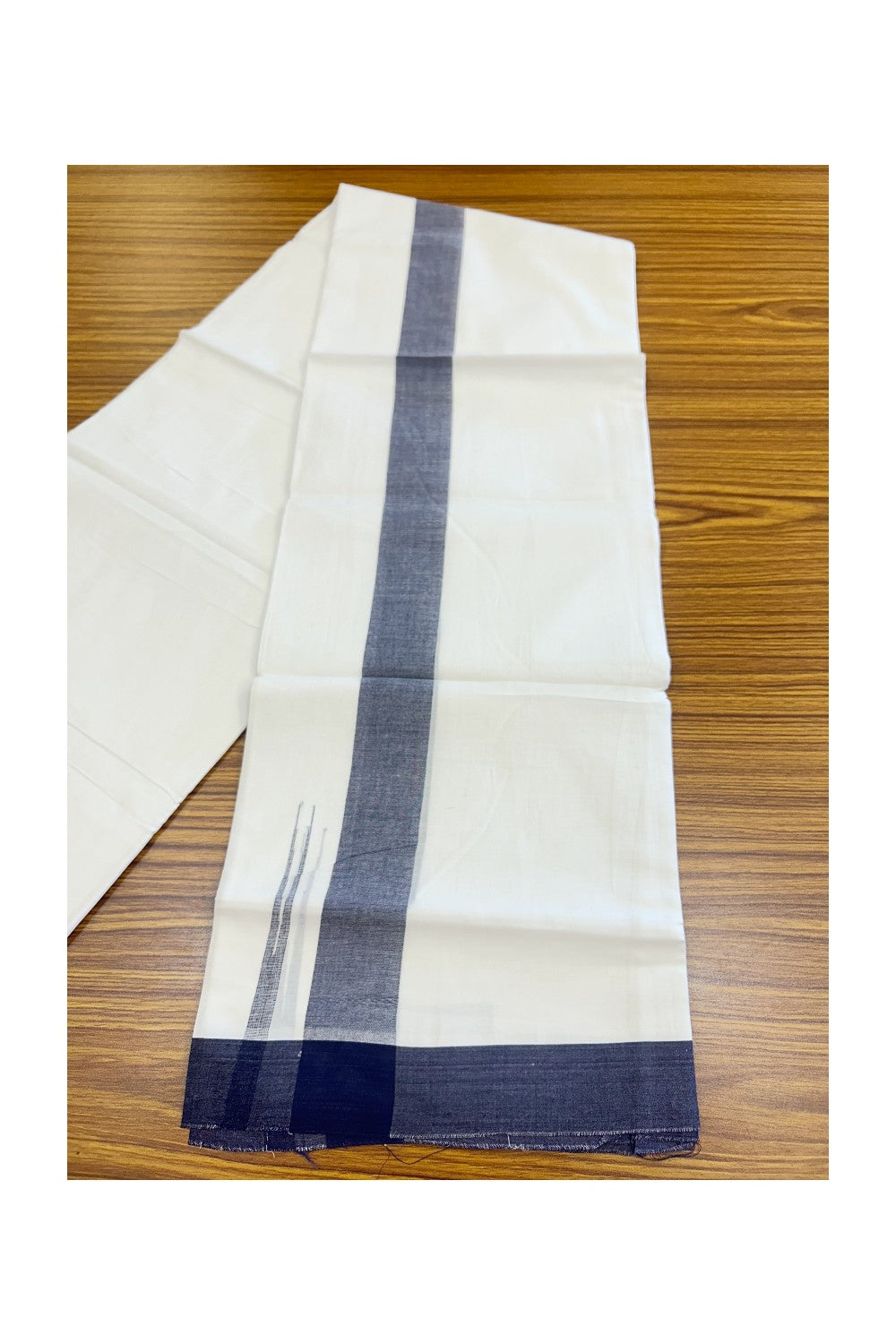 20% Discount ! Kaitharikada Balaramapuram 100% Cotton PURE WHITE Double Mundu/Dothi - 100x80 - 1.5 inch Navy Blue Shaded Chutty Kara - 57KK5182VAS