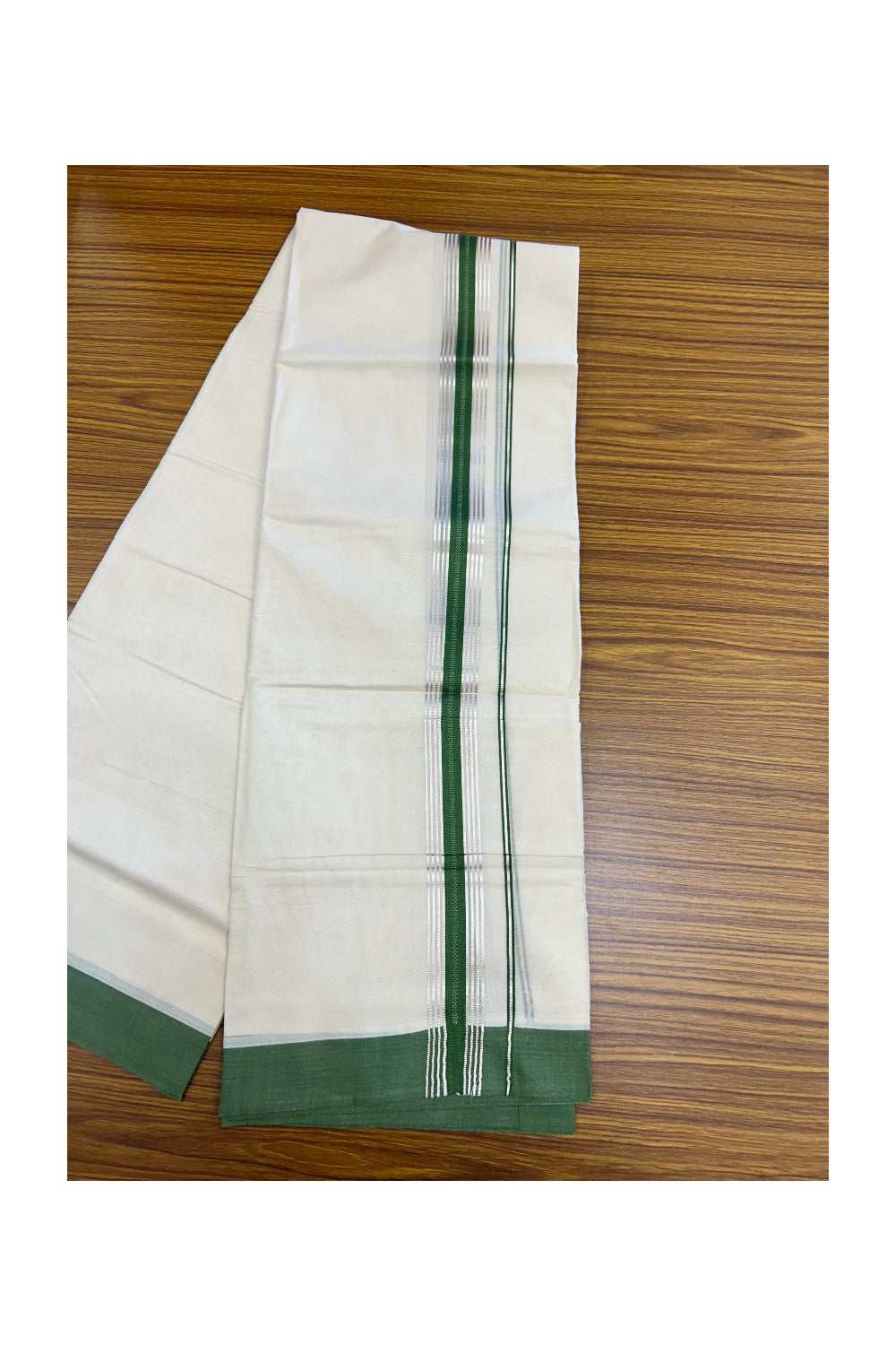 20% Discount ! KaithariKada Balaramapuram 100% Cotton Double OFF WHITE - (Unbleached) - Mundu / Dhoti- 100x80 -  1.5 inch Silver stripes Forest Green kara - 57KK5213 VIN